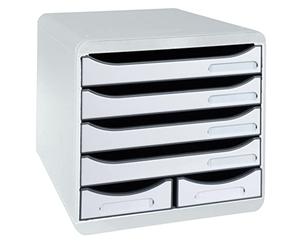 Exacompta - Ref. 312740D - BIG-BOX MAXI - 1 box with 4 drawers for A4+ documents and 2 small drawers for storing utensils - External dimensions: D 34.7 x W 27.8 x H 27.1 cm - Light gray