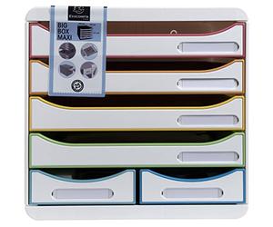 Exacompta - Ref. 312913D - BIG-BOX MAXI - 1 Box with 4 drawers for A4+ documents and 2 small drawers for storing utensils - External dimensions: D 34.7 x W 27.8 x H 27.1 cm - White/harlequin
