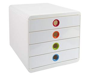 Exacompta - Ref 314398D - Glossy Pop-Box - 347 x 278 x 267mm in Size, Suitable for Storing A4+ Documents, 4 Closed Drawers, Smooth Drawer Action - White/Harlequin