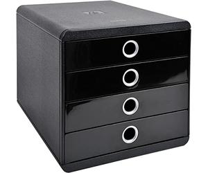 Exacompta - Ref 314438D - Glossy Pop-Box - 347 x 278 x 267mm in Size, Suitable for Storing A4+ Documents, 4 Closed Drawers, Smooth Drawer Action - Black/Silver
