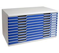 Exacompta - Ref 324003D - Modulo A3 Office - 350 x 576 x 320mm in Size, 10 Drawers (26mm Height), Smooth Opening with Stop, Label Holders - Light Grey/Blue