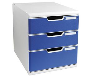 Exacompta - Ref 325003D - Modulo A4 Office - 350 x 288 x 320mm in Size, 3 Closed Drawers (110 + 82mm Height), Smooth Opening with Stop, Label Holders - Light Grey/Blue