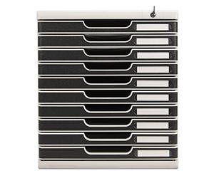 Exacompta - Ref 332014D - Modulo Drawer Set with Key Lock - 350 x 288 x 320mm in Size, 10 Drawers (26mm Height), Smooth Opening, Keys Supplied - Office Light Grey/Black