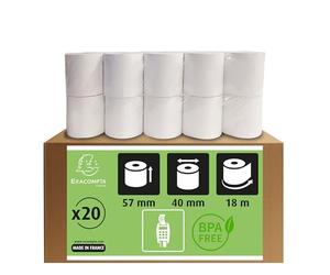 Exacompta - Ref. 40761E - Box of 20 thermal rolls for credit card 57 x 40 mm, 1 thermal ply 55g/m² Phenol-free, without cardboard core, zero plastic waste - Length +/-2m: 18 m, white