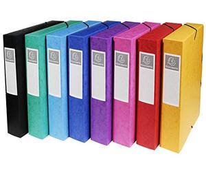 Exacompta - Ref 50600E - Elasticated Filing Boxes - 240 x 320mm in Size, Suitable for A4 Documents, 60mm Spine with Label - Assorted Colours (Pack of 8)