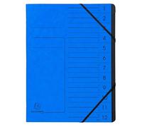 Exacompta - Ref 541202E - Box of 10 File folders with stapled Spine - with Elastic Bands - Glossy Card Printed Cover and Black Recycled Card Interior - 12 compartments - 24.5X 32cm - A4 - Blue