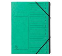 Exacompta - Ref 541203E - Box of 10 File folders with stapled Spine - with Elastic Bands - Glossy Card Printed Cover and Black Recycled Card Interior - 12 compartments - 24.5X 32cm - A4 - Green