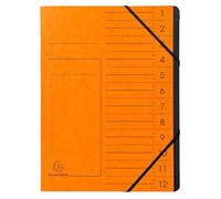 Exacompta - Ref 541204E - Box of 10 File folders with stapled Spine - with Elastic Bands - Glossy Card Printed Cover and Black Recycled Card Interior - 12 compartments - 24.5X 32cm - A4 - Orange