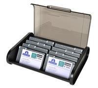 Exacompta - Ref 68114D - Office Business Card Cassette - 180 x 245 x 60mm in Size, 8 Tabbed Dividers, Holds Up To 400 Cards, Ribbed Bottom - Black/Grey Translucent