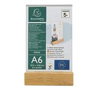 Exacompta - Ref 86258D - Sign Holder with Wooden Base - Suitable for A6 Documents, Solid Oak Plinth, Visible Both Sides, PMMA (Acrylic) Material, Rigid & UV Resistant - Clear