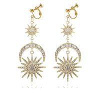 Exaggerated Luxury Sun Moon Star Clip on Earrings for Women Rhinestone Punk Crescent Stars Dangle Earrings Golden Boho Vintage Earrings, Metal, no gemstone