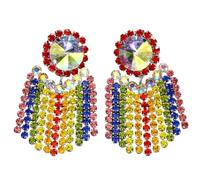 Exaggerated Rainbow Crystal Tassel Dangle Earrings for Women, Multi-Colored Rhinestone Statement Earrings, Sparkling Fashion & Gift Jewelry