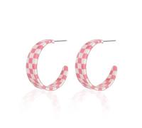Exaggerated Retro Checkered C Shaped Acrylic Dangle Earrings Handmade Lightweight 70s 80s Black White Geometric Striped Hoop Earrings Colorful Minimalist Resin Statement for Women Jewelry, Acrylic, No