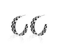 Exaggerated Retro Checkered C Shaped Acrylic Dangle Earrings Handmade Lightweight 70s 80s Black White Geometric Striped Hoop Earrings Colorful Minimalist Resin Statement for Women Jewelry, Acrylic, No