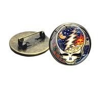 Exaggerative Art Skull Design Brooches Rock Grateful Dead Band Badge Ancient Bronze Brooch Glass Cabochon Collar Pin Gift
