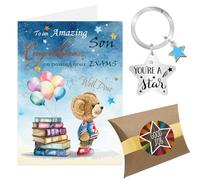 Exam Congratulations Card, Blue Star Congratulations Son on Your Exam Results Gifts Keyring, Well Done So Proud of You Passing GCSE A Level Passed Exams Card (Blue - Son)