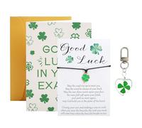 Exam Good Luck Gifts - Exam Gifts, Good Luck in Your Exams Card, Adjustable Four-Leaf Clover Bracelet and Heart Keyring, Thoughtful Exam Gifts for Success, Inspirational New Job Gift, Wish Bracelet