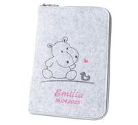 Examination Book Cover 'Hippo & Duck' DIN A5 Personalised with Felt Name (Choice of Colour & Embroidery) - Cover for Children's Examination Book & Vaccination Certificate - Organiser - Gift for