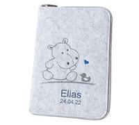 Examination Book Cover 'Hippo & Duck' DIN A5 Personalised with Felt Name (Choice of Colour & Embroidery) - Cover for Children's Examination Book & Vaccination Certificate - Organiser - Gift for