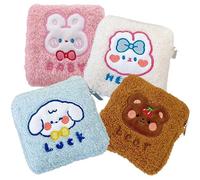 EXAOMBLE 4Pcs Cute Plush Sanitary Napkin Storage Bag Washable Menstrual Pad Pouch for Stylish Coin Card Holder Durable Zipper Design for Travel Everyday Rabbit Pink