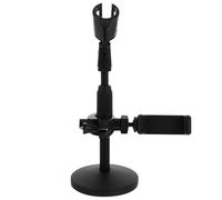 EXAOMBLE Adjustable Mic Stand with Metal Desk Microphone Holder and Phone Bracket for Conference and Live Stream, Multi-functional Black Metal Tube Table Microphone Mount