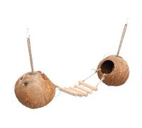 EXAOMBLE Natural Bird Coconut Nest with Ladder for Small Pets like Rats and Hamsters, Wooden and Coconut Shell Hideaway to Alleviate Stress and Help Pet Exercise inside Cage