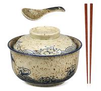EXAOMBLE Ramen Bowl Set with Lid Ceramic Elegant Appearance Chopsticks and Spoon Resistant to Deform and Wear for Serving Instant Noodle Soup and Asian Dishes