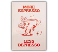 Exaricucer Retro More Espresso Less Depresso Poster Cute Cartoon Coffee Cup Red Quotations Wall Art Funny Trendy Aesthetics Decor Home Living Room Restaurant Shop Print Canvas 12x16inch Unframed