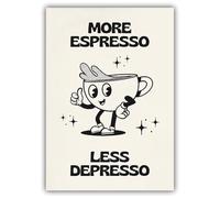 Exaricucer Vintage More Espresso Less Depresso Poster, Cute Cartoon Coffee Cup, Black and White, 12x16 inch, Unframed, Kitchen Wall Art