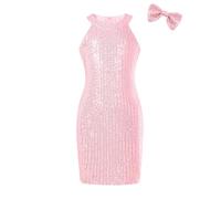 EXARUS Girls Halter Neck Sequin Sleeveless Sparkle A-Line Bodycon Dress for Girls Formal Special Occasion 6-14 Years, Pink Bodycon, 10 Years