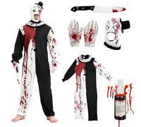 exatta 5 Pieces Horror Clown Costume, Clown Assassin Jumpsuit Adult, Bleeding Gloves, Art The Clown Mask, Halloween Clown Costume, Halloween Cosplay Costumes for Killer, Psycho