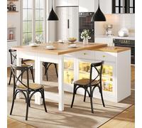 Exble Kitchen Island with LED Lights Adjuble Dining Table with Sto 3 Ders & s Cabi Modern White Kitchen Fur Space Saving Design