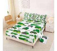 Excavator Car Fitted Sheet Cartoon Construction Truck Vehicle Sheets Set Kids Boys Green Yellow Equipment Trucks Top Sheet Queen Tractor Heavy Machinery Children Kid's Flat Sheet Room Decor