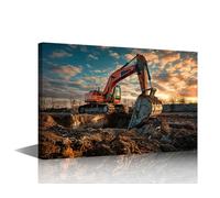 Excavator Home Decor Wall Construction Site Pictures Canvas Art Wall Decor Sunset Sky Living Room Wall Decor Posters and Prints Giclee Wooden Framed Gallery-Wrapped Ready to Hang (16"Wx24"H)