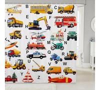 Excavator Kids Bathroom Waterproof Accessories with 12 Hooks Fire Truck Police Car Boys Shower Curtain Helicopter Motorcycle Ambulance Fabric Shower Curtains Alphabet Vehicle Cars Decor,72x72 Inches