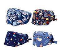 EXCEART 4pcs Printed Bouffant Turban Cap - Adjustable Cotton Working Hat With Sweatband - Tie Back Head Cover for Women Men