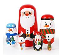 EXCEART Wooden Stacking Russian Matryoshka Doll with Santa Claus, Elk, Snowman, Polar Bear, Penguin - Christmas Nested Doll for Kids Birthday, Party, Home Decor