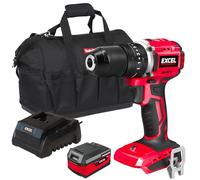 Excel 18V Cordless Brushless Combi Drill with 1 x 4.0Ah Battery Charger & Bag - Variable Speed, Keyless Chuck, 2-Speed Setting, Brushless Motor, Power Tools Combo Kits