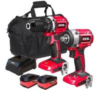 Excel 18V Twin Pack Combi Drill & Impact Wrench with 2 x 5.0Ah Battery & Charger - Power Tool -Twin Kit -18V Cordless Power Tool Kits-Cordless Kit -Combo Kit-Mega Power Tool-Excel Kit