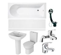 Excel Home Full Bathroom Suite With Bath, 1Th Basin, Close Coupled Toilet, Toilet Seat, Basin Tap, Bath Filler, Straight Bath & Bath Waste