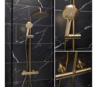 Excel Home Highlife Premium Brushed Brass Thermostatic Shower Mixer With Round Head & Fixed Rail Kit, Luxury Shower System