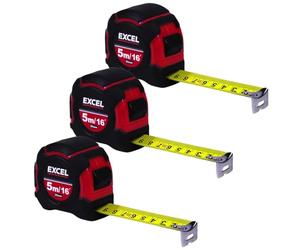 Excel Tape Measure 5m/16ft Pack of 3 - Retractable Measuring Tape - 5m/16ft Imperial & Metric Measurements - Impact Resistant Metric Tape Measure - Suitable for Professional Use