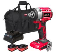 Excel 18V Cordless Brushless 1/2'' Impact Wrench with 2 x 5.0Ah Battery Charger & Bag - Variable Speed Trigger, Torque 350Nm, Brushless Motor, Half inch Impact Wrench Power Tools Combo Kits