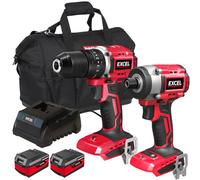 Excel Tools Excel 18V Brushless Twin Pack Combi Drill & Impact Driver With 2X 4.0Ah Batteries & Fast Charger For Trade & Diy Use