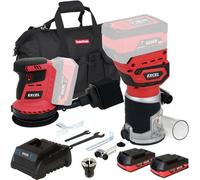 Excel 18V Twin Router Trimmer + 125mm Rotary Sander with 2 X 2.0Ah Battery Charger & Bag - Monster Power Tool Kit - Combo Kit - 18V Cordless Power Tool Kits - Mega Power Tool