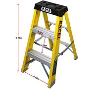 Excel Tools Excel 2 Tread Fibreglass Step Ladder For Electricians 0.76M Heavy Duty, 150Kg Load Capacity, Anti-Slip Feet, Non-Conductive