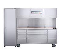 Excel Tools Excel 72Inch 15 Drawer Stainless Steel Workbench Roller Tool Chest Cabinet With 3 Overhead Cabinets & Tall Cabinet