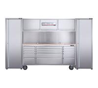 Excel Tools Excel 72Inch 15 Drawer Stainless Steel Workbench Roller Tool Chest Cabinet With 3 Overhead Cabinets & 2 Tall Cabinet