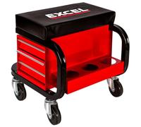Excel Utility Seat with Toolbox - Padded Rolling Work Stool with 3 Drawers, Can Holders & 150kg Load Capacity