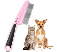 ExceLife Flea Comb for Dogs Cats, Rubber Handle Dog Hair Comb Stainless Steel Grooming Brushes for Removing Tear Stains, Fleas, Dandruff, Lice (Pink)